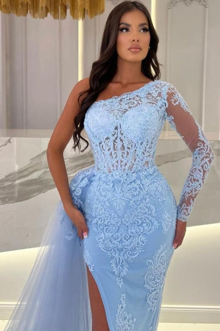 Column Floor-Length Split Front Sky Blue Tulle One Shoulder Long Sleeve Prom Dresses with Lace - Prom Dresses - DYAVOR®