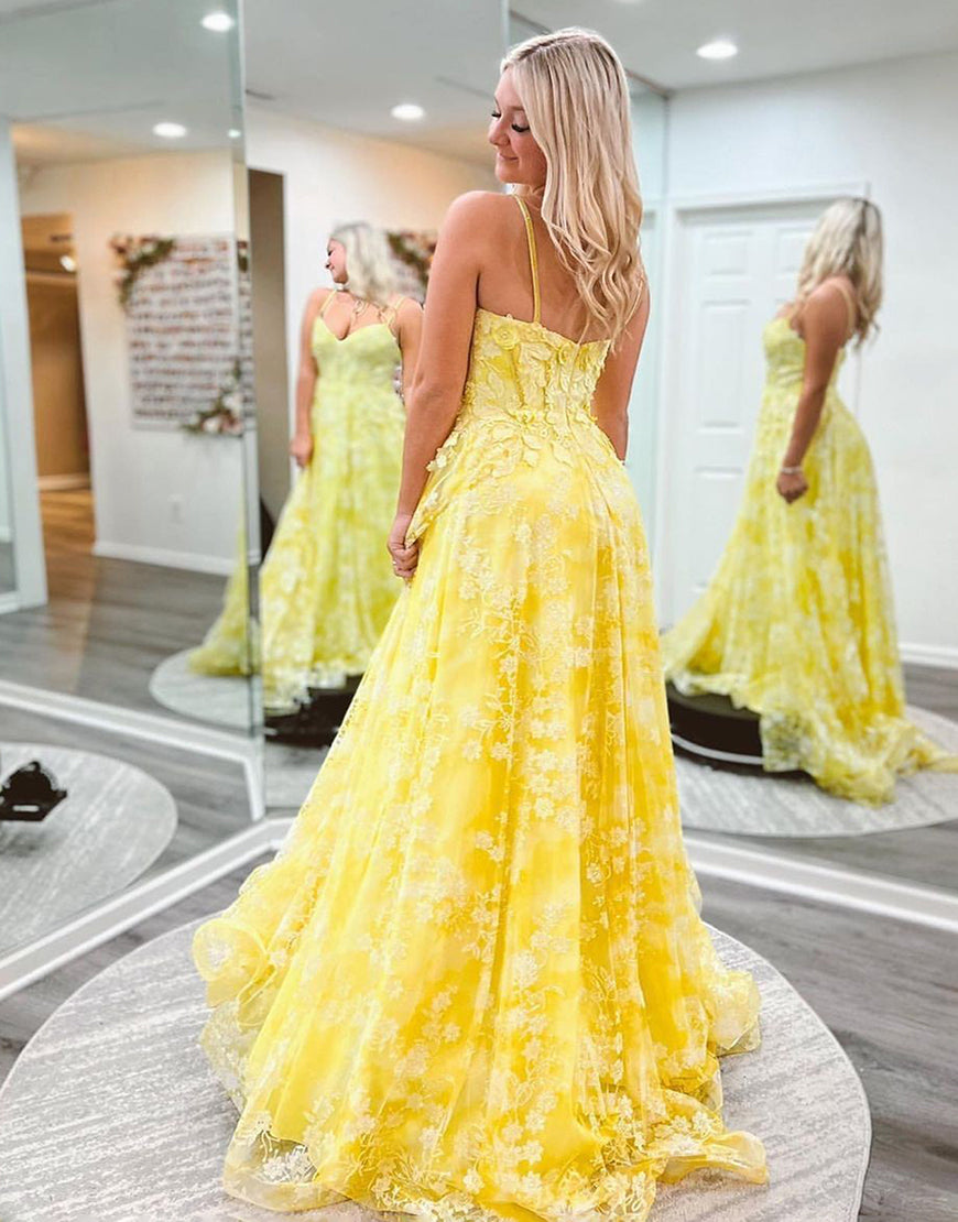 Ellis | Cute Yellow A-Line Spaghetti Straps Long Prom Dress With Appliques - Prom Dress - DYAVOR®