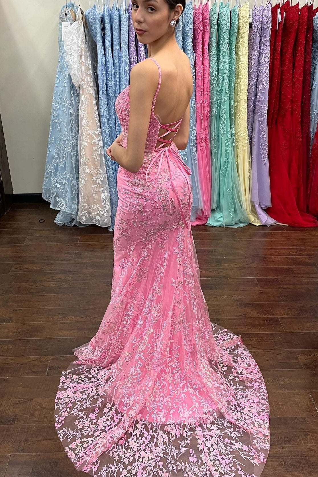 Azariah | Mermaid Pink Lace Appliques Long Prom Dress - Prom Dress - DYAVOR®