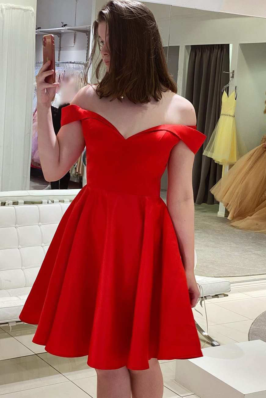 Uma |Red Off The Shoulder A Line Satin Homecoming Dress - Homecoming Dress - DYAVOR®