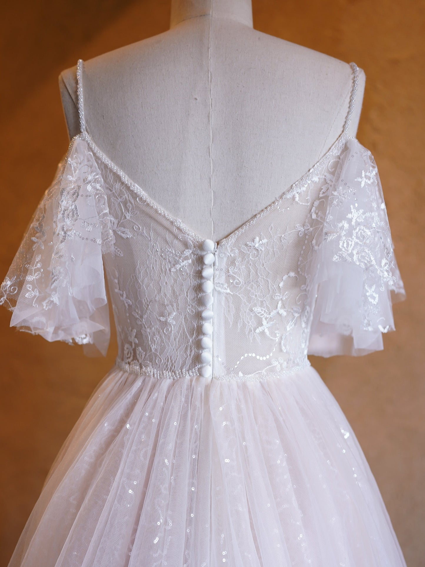 A-line V-neck Pearl Embellished Tulle Lace Floor Length Prom Dresses - Prom Dresses - DYAVOR®