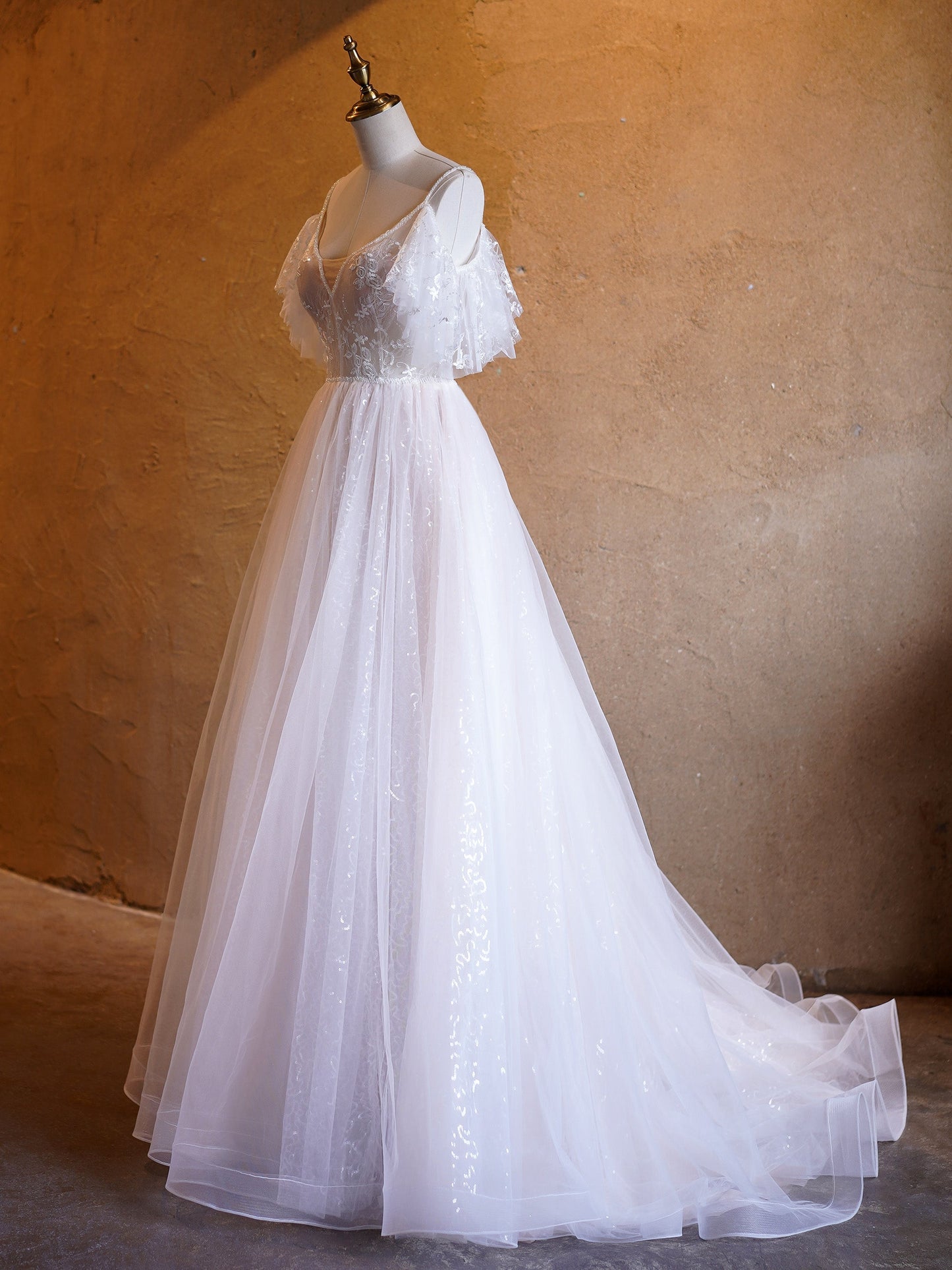 A-line V-neck Pearl Embellished Tulle Lace Floor Length Prom Dresses - Prom Dresses - DYAVOR®