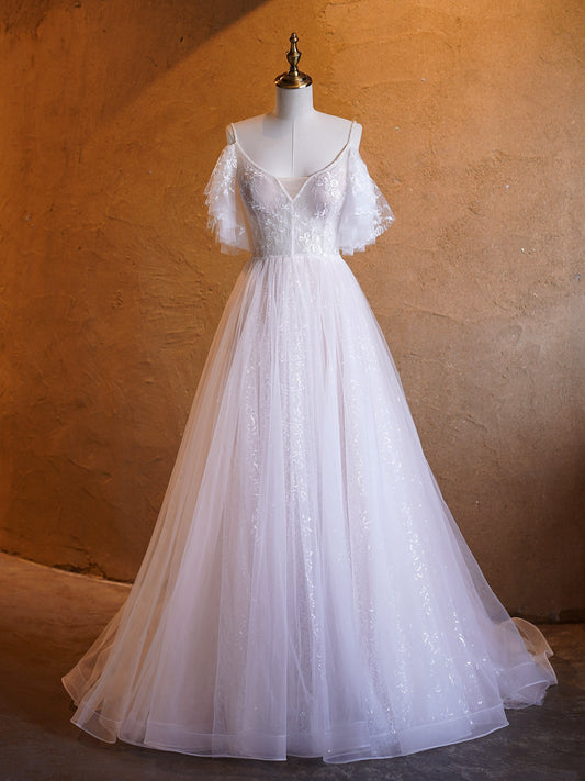 A-line V-neck Pearl Embellished Tulle Lace Floor Length Prom Dresses - Prom Dresses - DYAVOR®