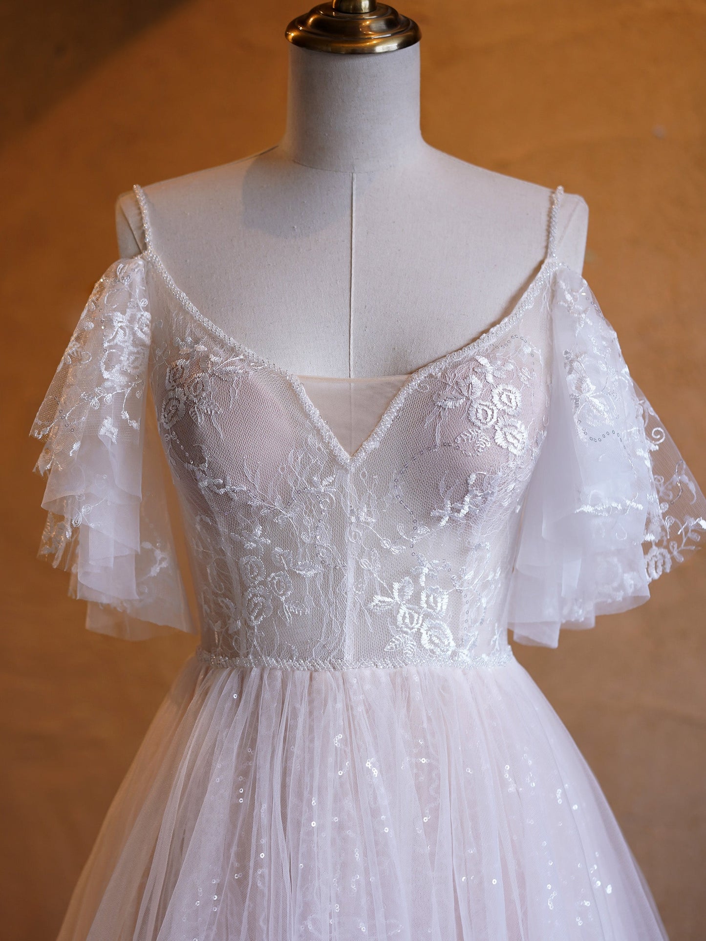 A-line V-neck Pearl Embellished Tulle Lace Floor Length Prom Dresses - Prom Dresses - DYAVOR®