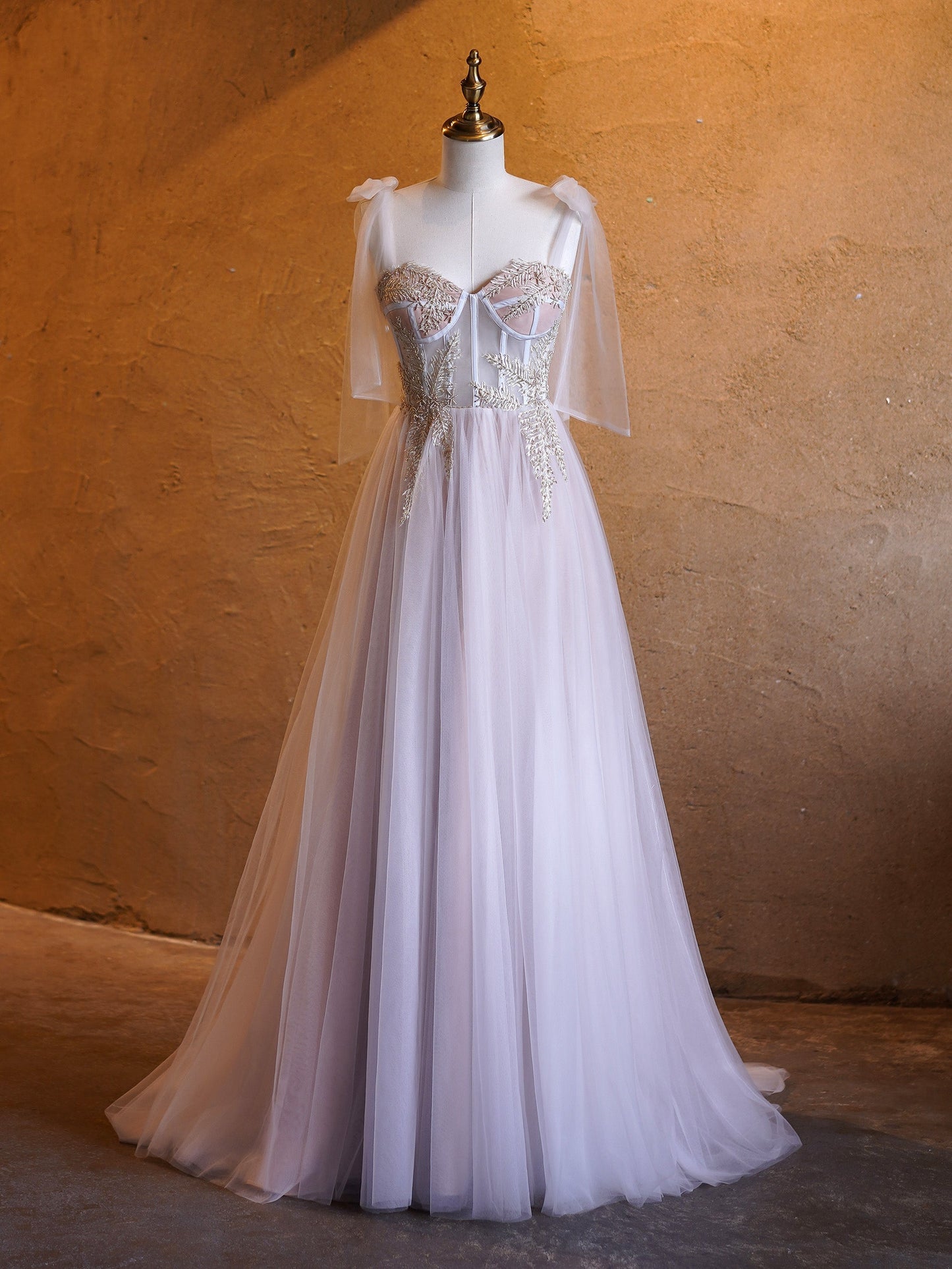 A-line Corset Applique Tulle Bow Straps Long Prom Dress with sweep train - Prom Dresses - DYAVOR®