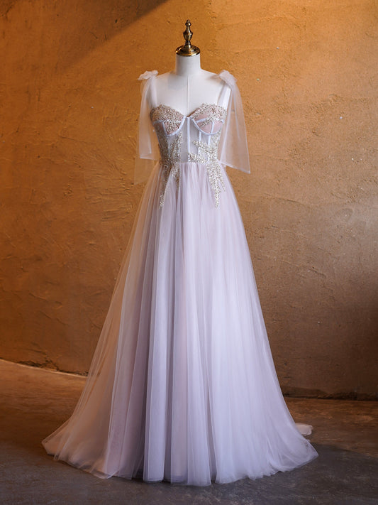 A-line Corset Applique Tulle Bow Straps Long Prom Dress with sweep train - Prom Dresses - DYAVOR®