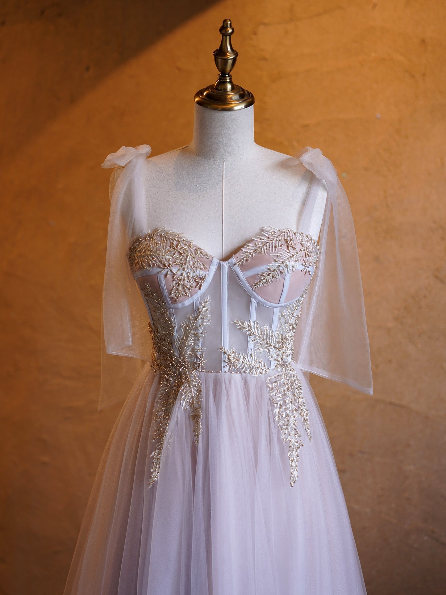 A-line Corset Applique Tulle Bow Straps Long Prom Dress with sweep train - Prom Dresses - DYAVOR®