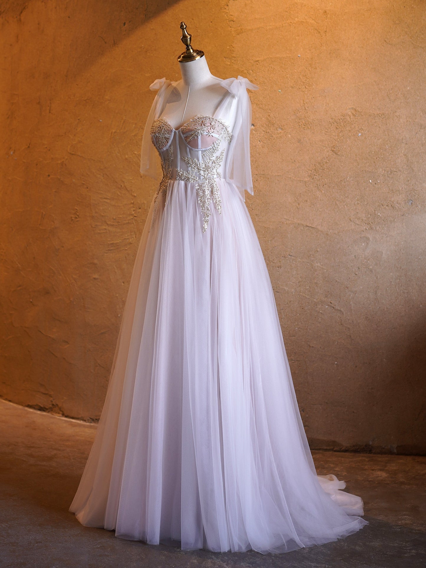 A-line Corset Applique Tulle Bow Straps Long Prom Dress with sweep train - Prom Dresses - DYAVOR®
