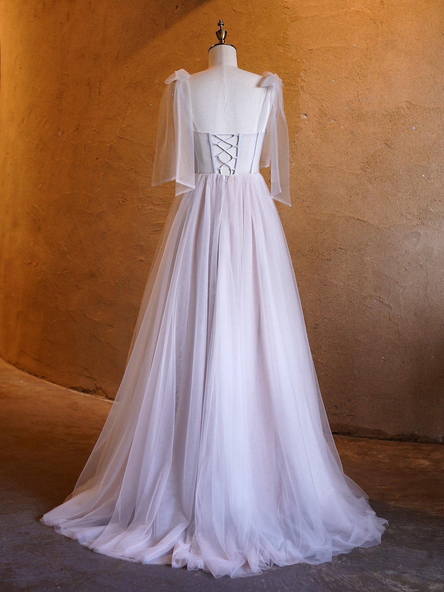 A-line Corset Applique Tulle Bow Straps Long Prom Dress with sweep train - Prom Dresses - DYAVOR®