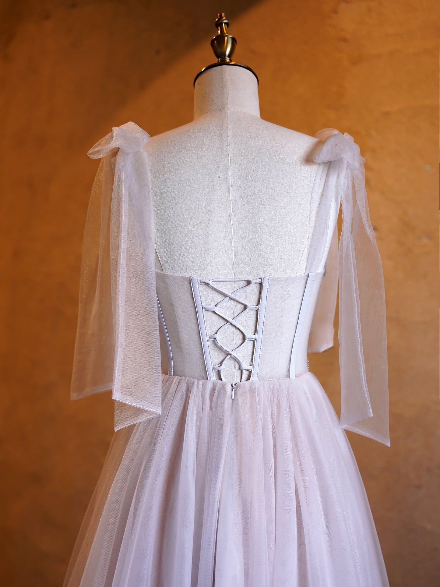 A-line Corset Applique Tulle Bow Straps Long Prom Dress with sweep train - Prom Dresses - DYAVOR®