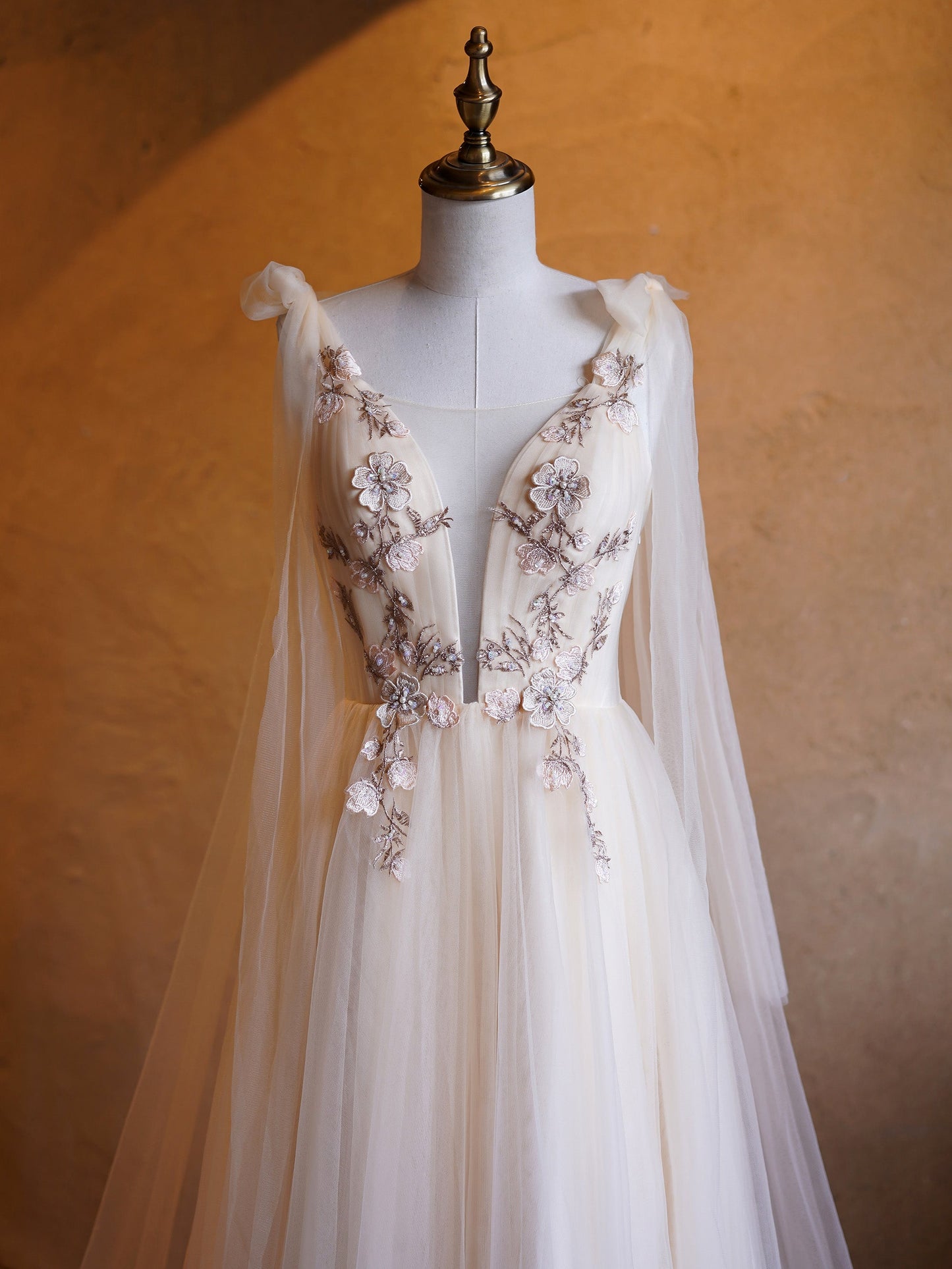 A-line Tulle Embroidery Deep-V Neck Floor-Length Prom Dresses - Prom Dresses - DYAVOR®