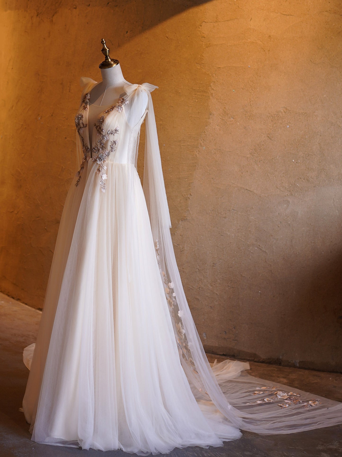 A-line Tulle Embroidery Deep-V Neck Floor-Length Prom Dresses - Prom Dresses - DYAVOR®