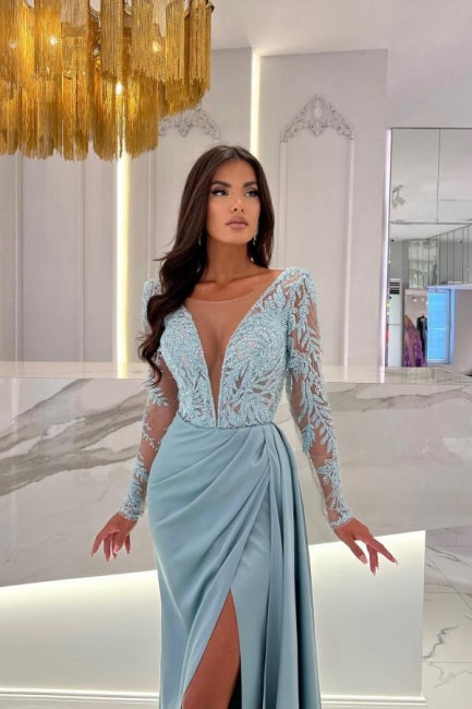 Elegant Column Floor-Length Split Front Long Sleeve V-Neck Stain Prom Dresses with Lace - Prom Dresses - DYAVOR®