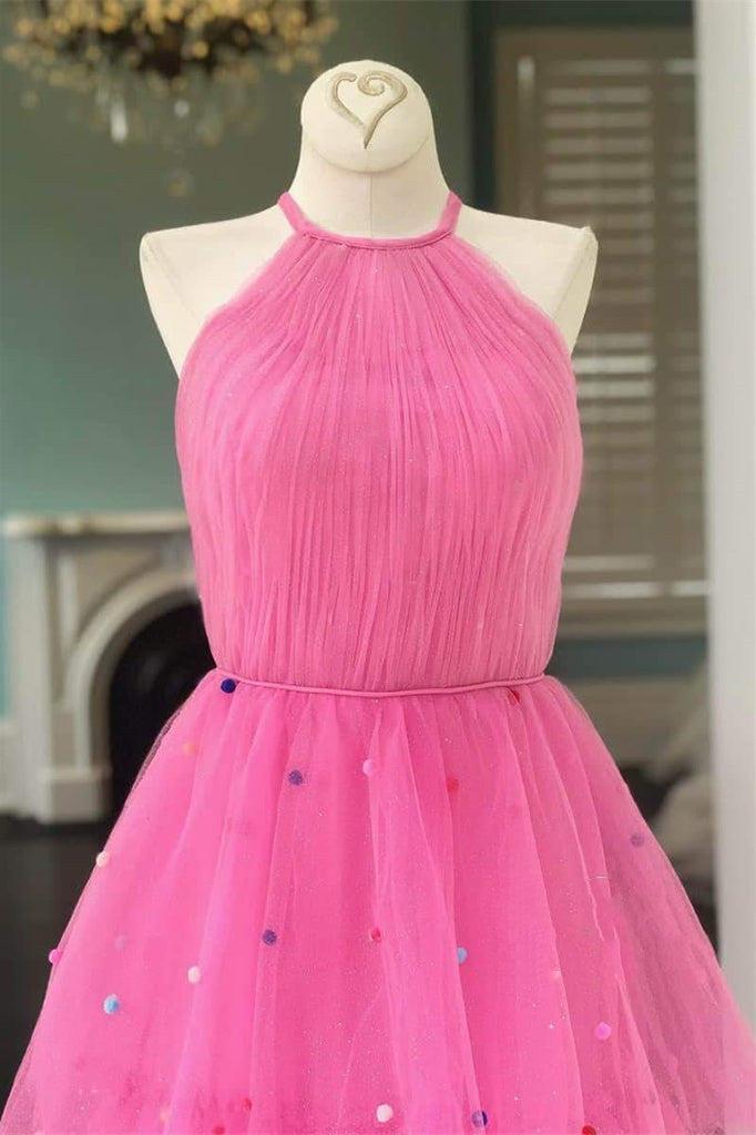 Tessa | Hot Pink A-Line Tulle Prom Dress with Colorful Dots - Prom Dress - DYAVOR®