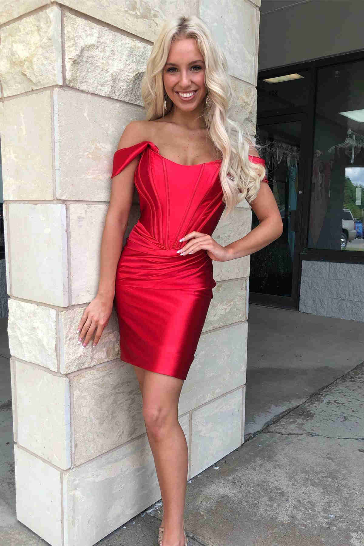 Ariana |Sheath Off the Shoulder Satin Homecoming Dress - Homecoming Dress - DYAVOR®