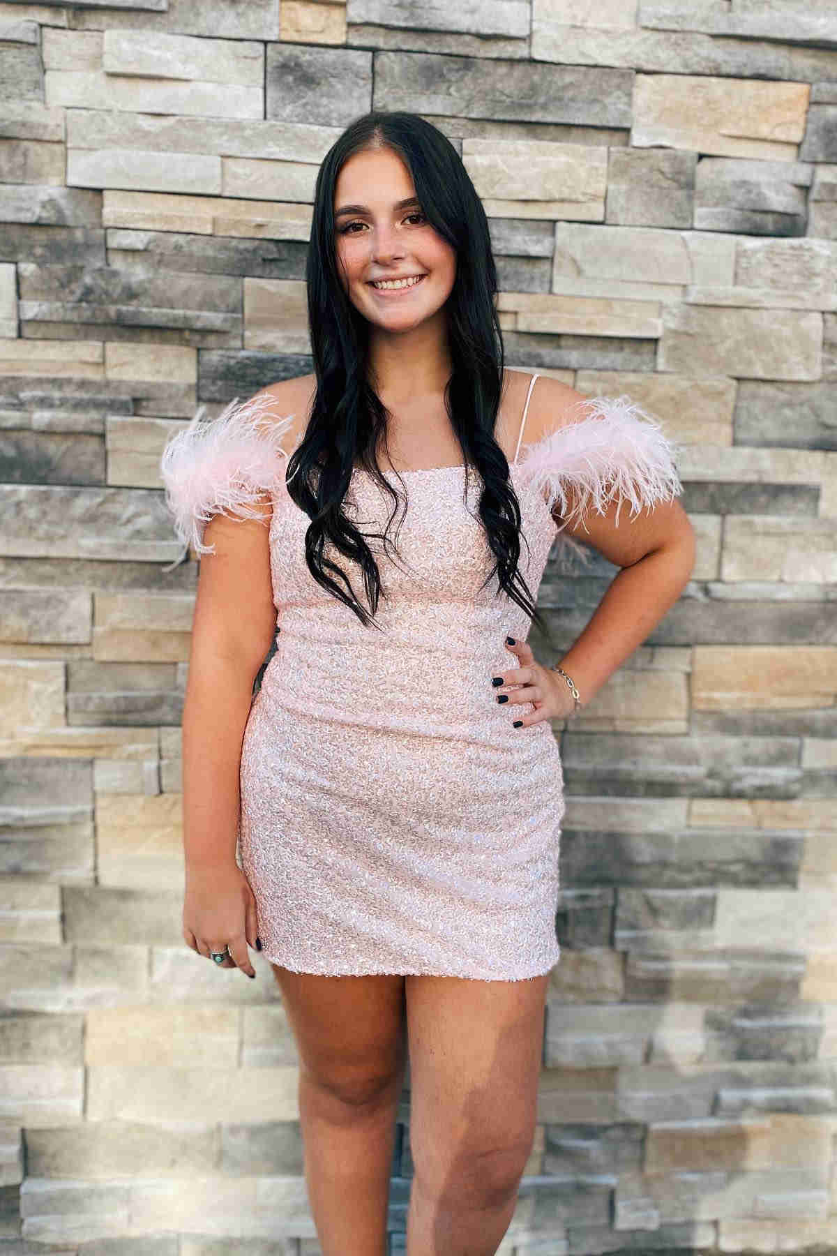Georgiana |Bodycon Sequins Homecoming Dress with Feathers - Homecoming Dress - DYAVOR®