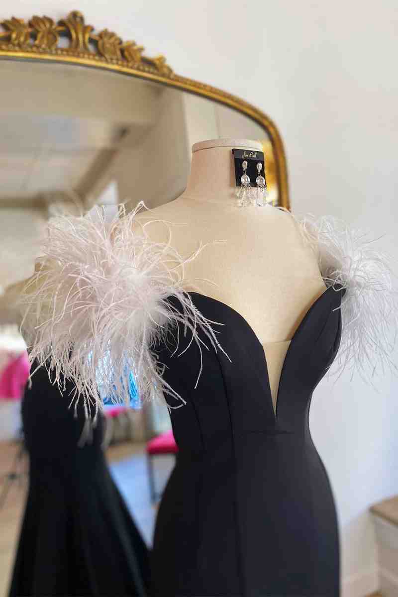 Sophia | Long Black High Slit Prom Dress with White Feather - Prom Dress - DYAVOR®