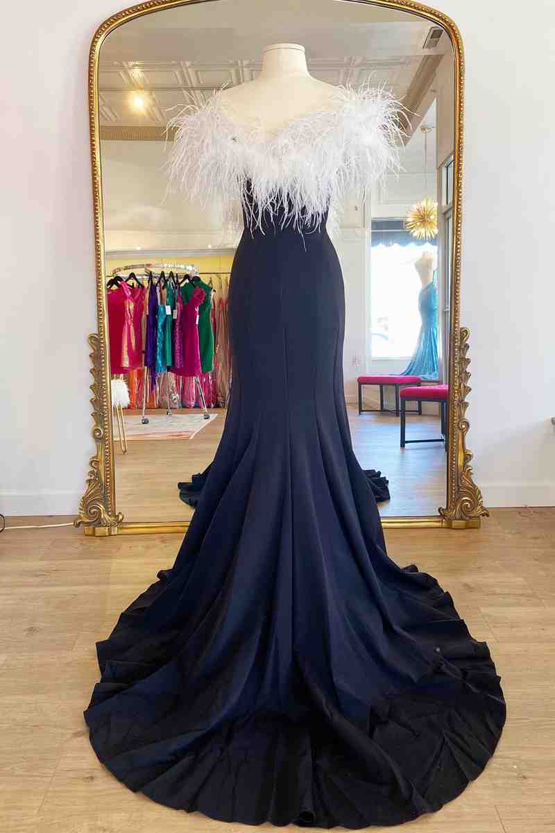 Sophia | Long Black High Slit Prom Dress with White Feather - Prom Dress - DYAVOR®