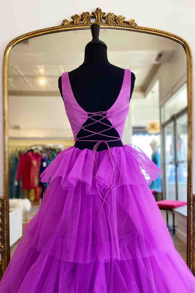 Beth | A-Line Crew Neck Lilac Tiered Tulle Long Formal Dress - Prom Dress - DYAVOR®