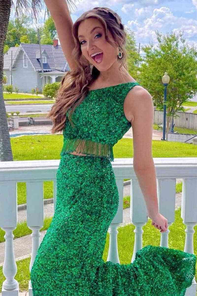 Eileen | Green Two Piece Sequined One Shoulder Long Party Dress with Tassel - Prom Dress - DYAVOR®