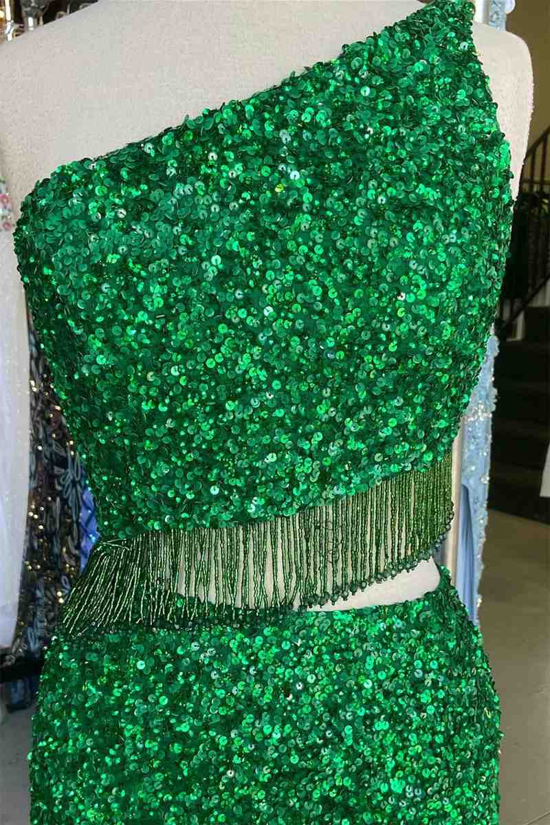 Eileen | Green Two Piece Sequined One Shoulder Long Party Dress with Tassel - Prom Dress - DYAVOR®
