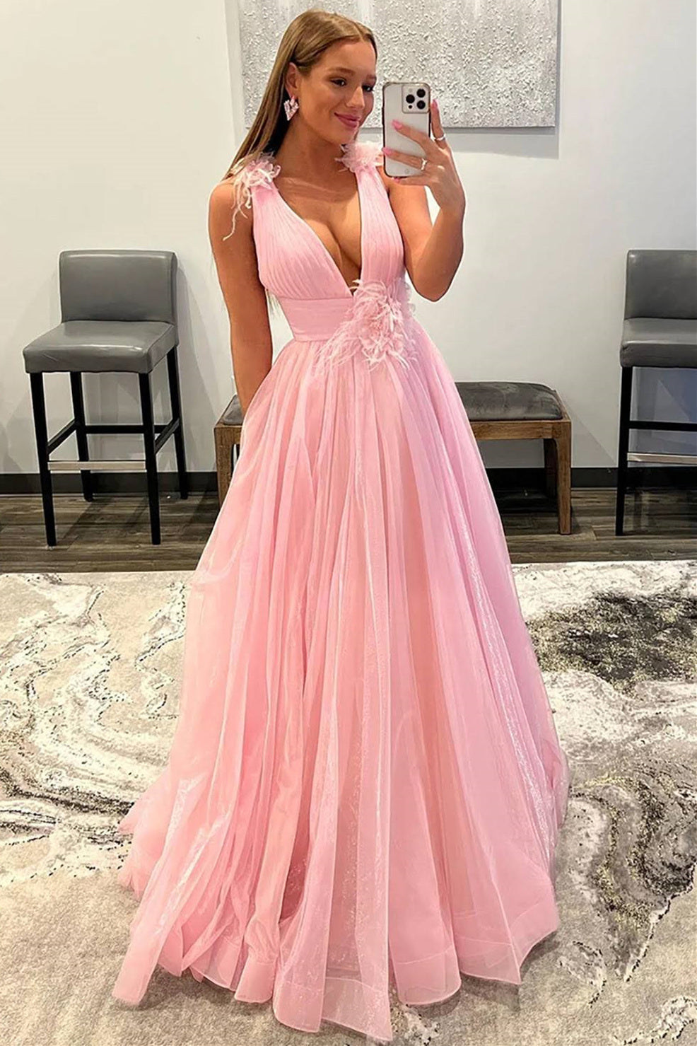 Feathers Backlesss Pink Plunging V-Neck Tulle Long Formal Dress - prom dress - DYAVOR®