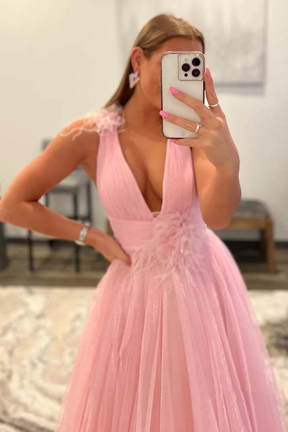 Feathers Backlesss Pink Plunging V-Neck Tulle Long Formal Dress - prom dress - DYAVOR®