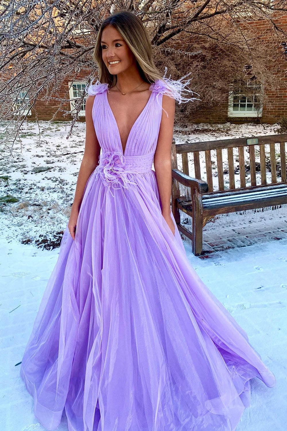 Feathers Backlesss Pink Plunging V-Neck Tulle Long Formal Dress - prom dress - DYAVOR®