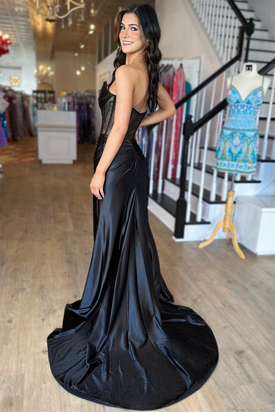 Strapless Pleated Boning Sheer Long Prom Dress with Slit - prom dress - DYAVOR®