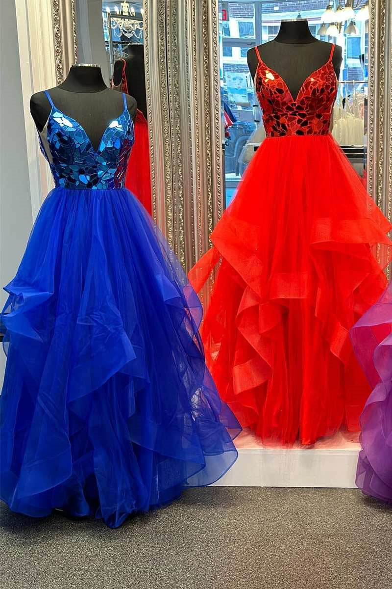 Brandi | A-line V-Neck Mirror-Cut Sequins Ruffle Layers Long Prom Dress - Prom Dress - DYAVOR®
