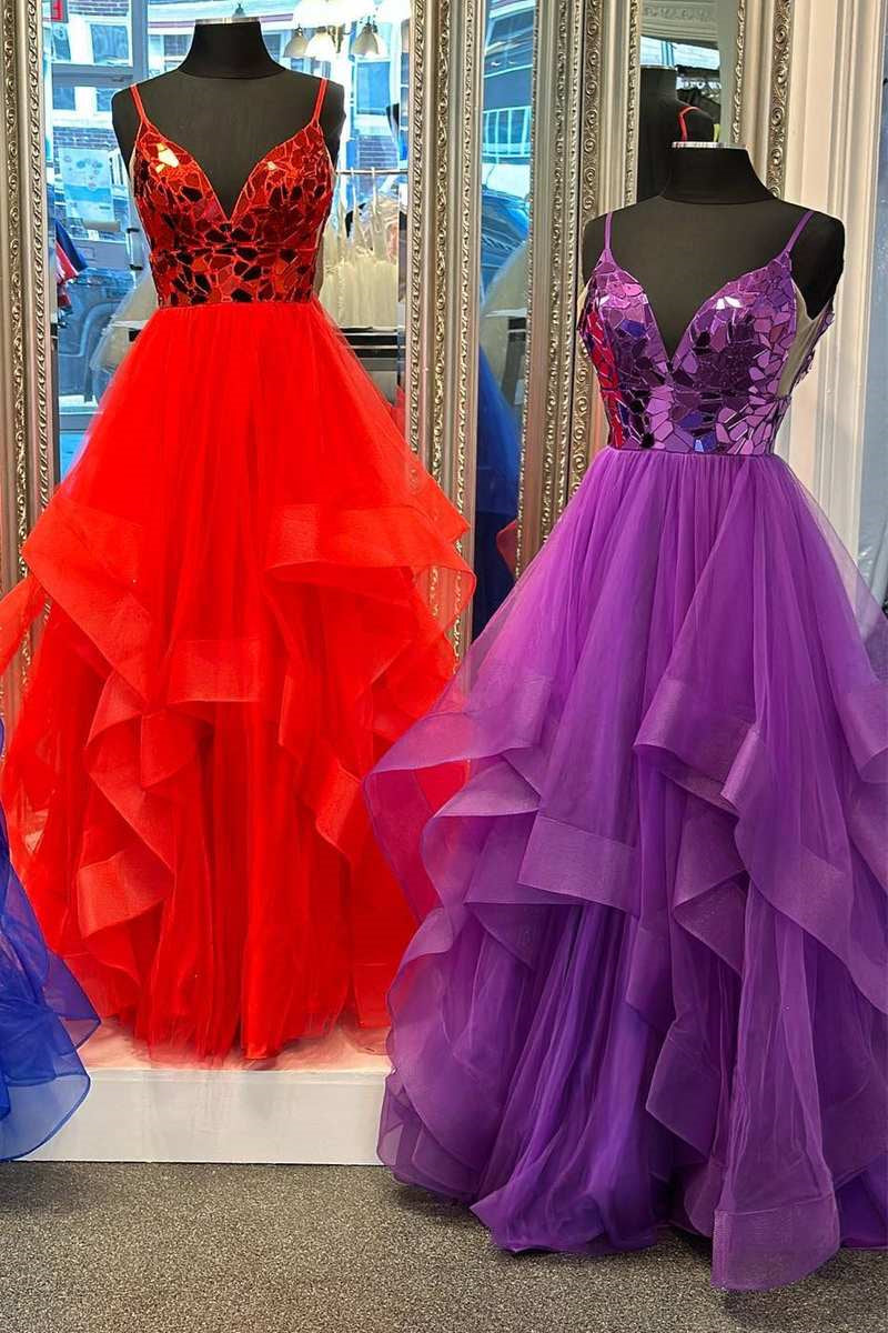 Brandi | A-line V-Neck Mirror-Cut Sequins Ruffle Layers Long Prom Dress - Prom Dress - DYAVOR®
