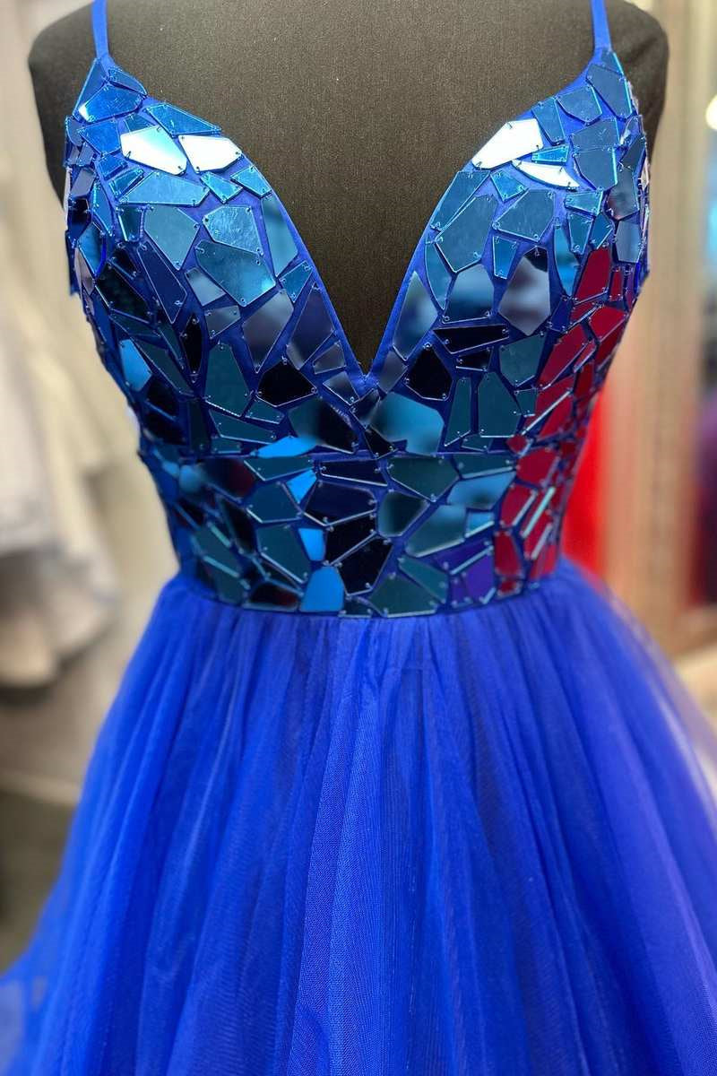 Brandi | A-line V-Neck Mirror-Cut Sequins Ruffle Layers Long Prom Dress - Prom Dress - DYAVOR®
