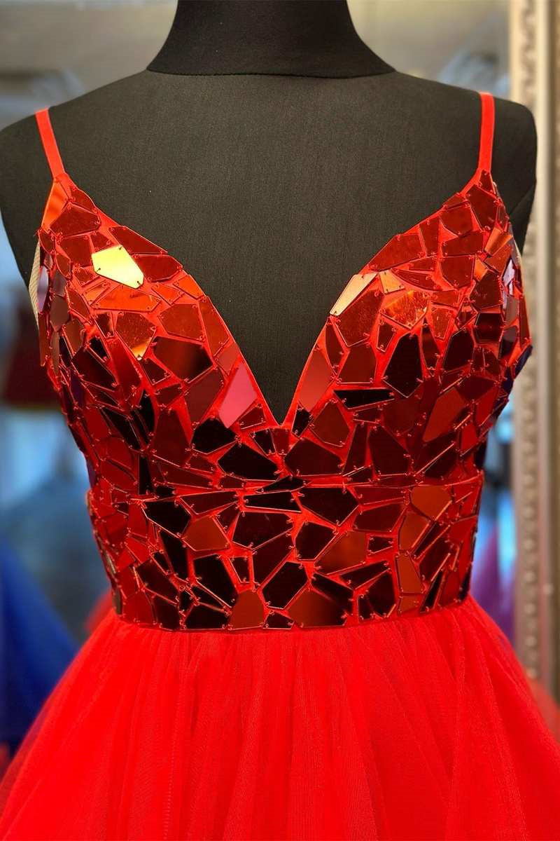 Brandi | A-line V-Neck Mirror-Cut Sequins Ruffle Layers Long Prom Dress - Prom Dress - DYAVOR®