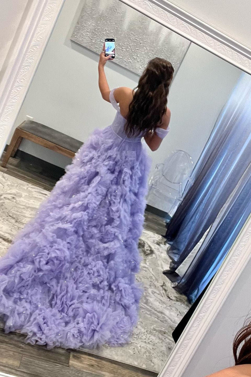 Kenia |A Line Off the Shoulder Ruffled Tulle Prom Dress with Slit - Prom Dress - DYAVOR®