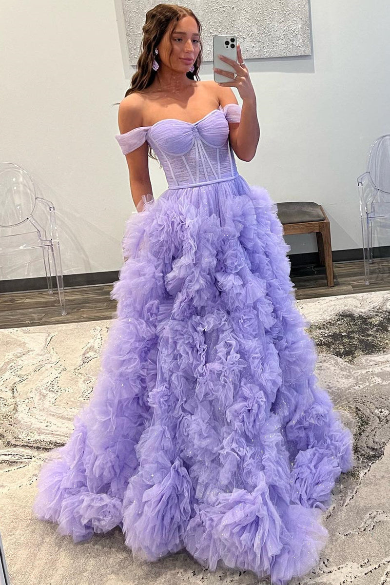 Kenia |A Line Off the Shoulder Ruffled Tulle Prom Dress with Slit - Prom Dress - DYAVOR®
