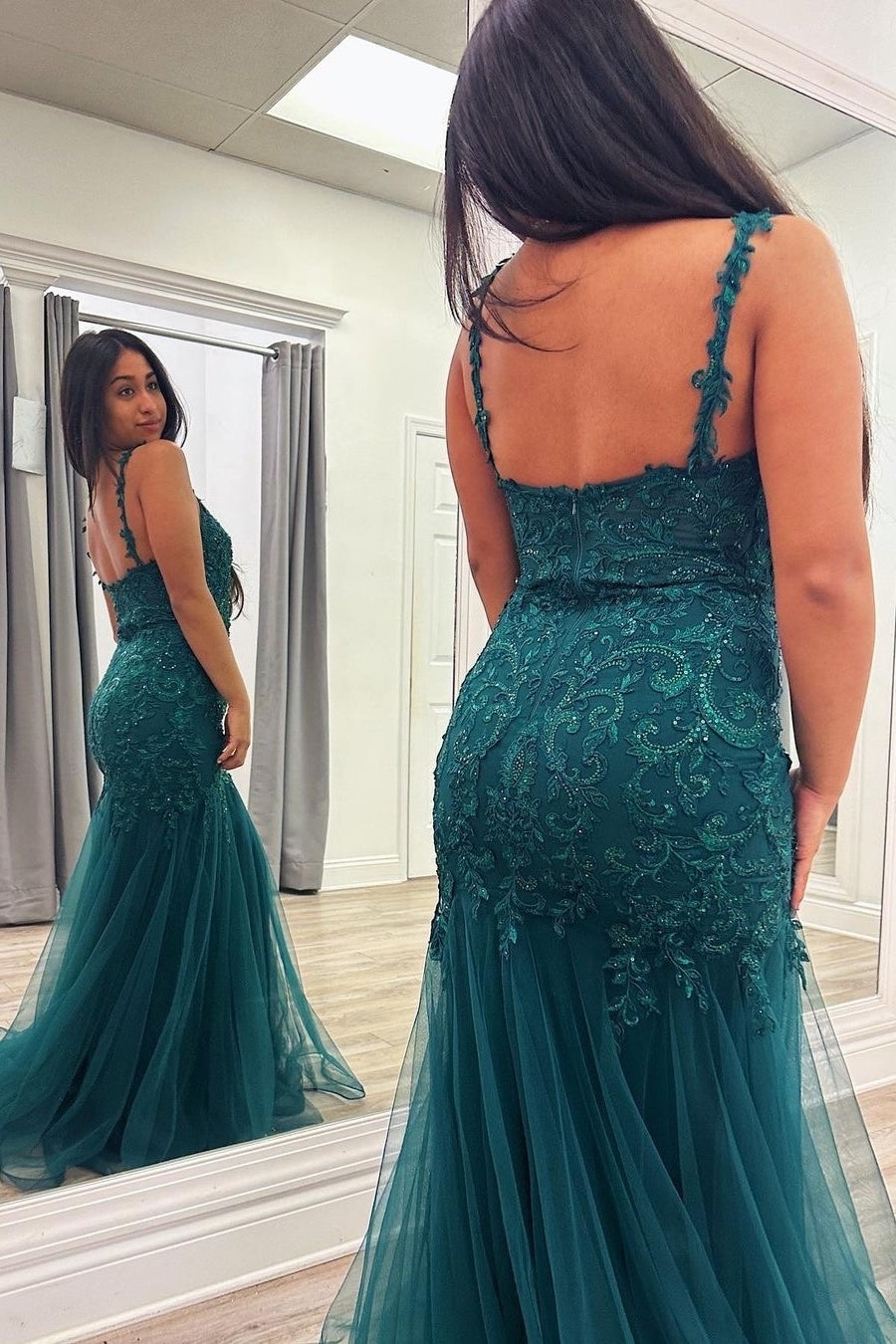 Kali |Peacock Mermaid V-Neck Appliques Tulle Long Prom Dress - prom dress - DYAVOR®