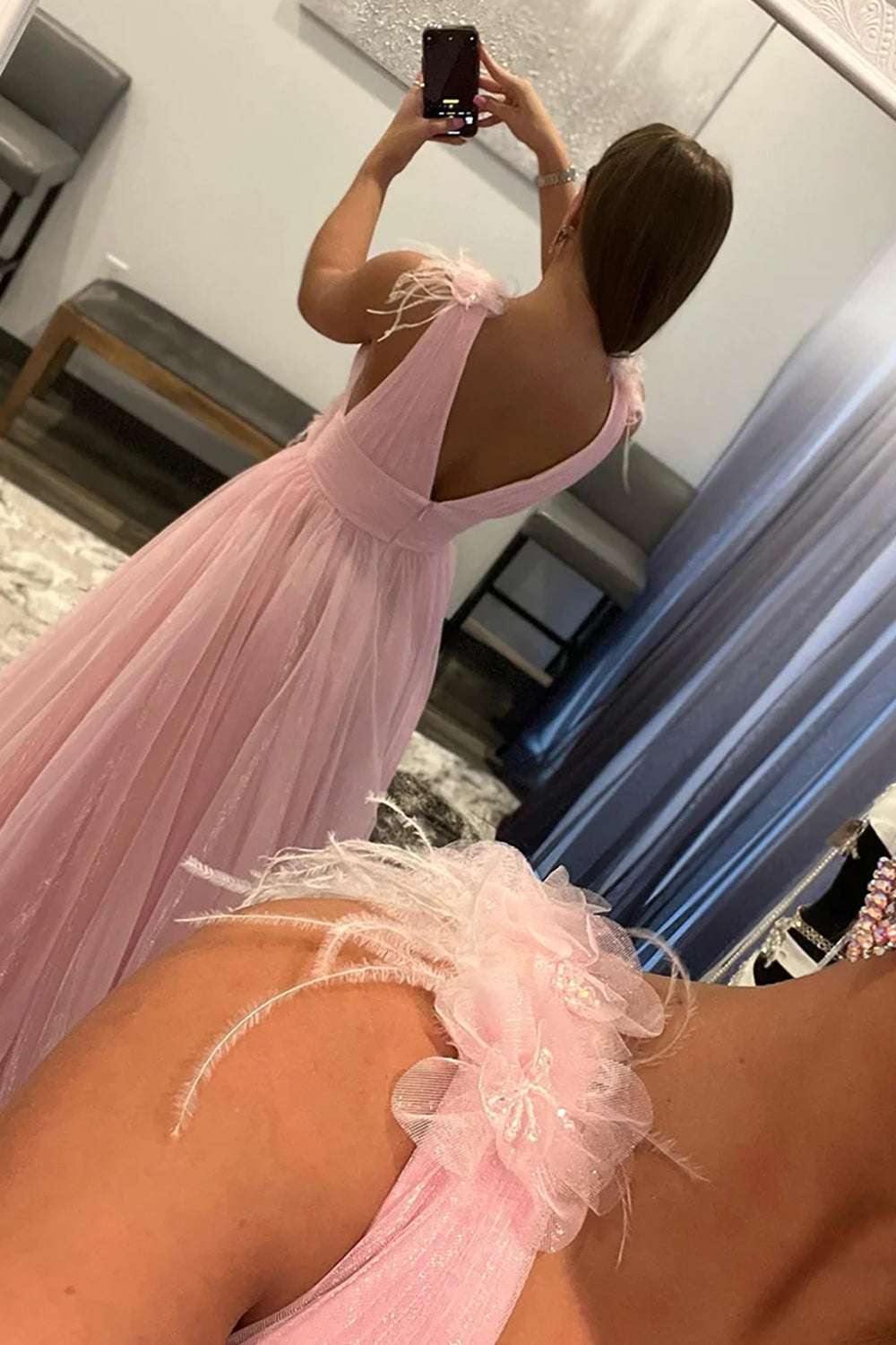 Feathers Backlesss Pink Plunging V-Neck Tulle Long Formal Dress - prom dress - DYAVOR®