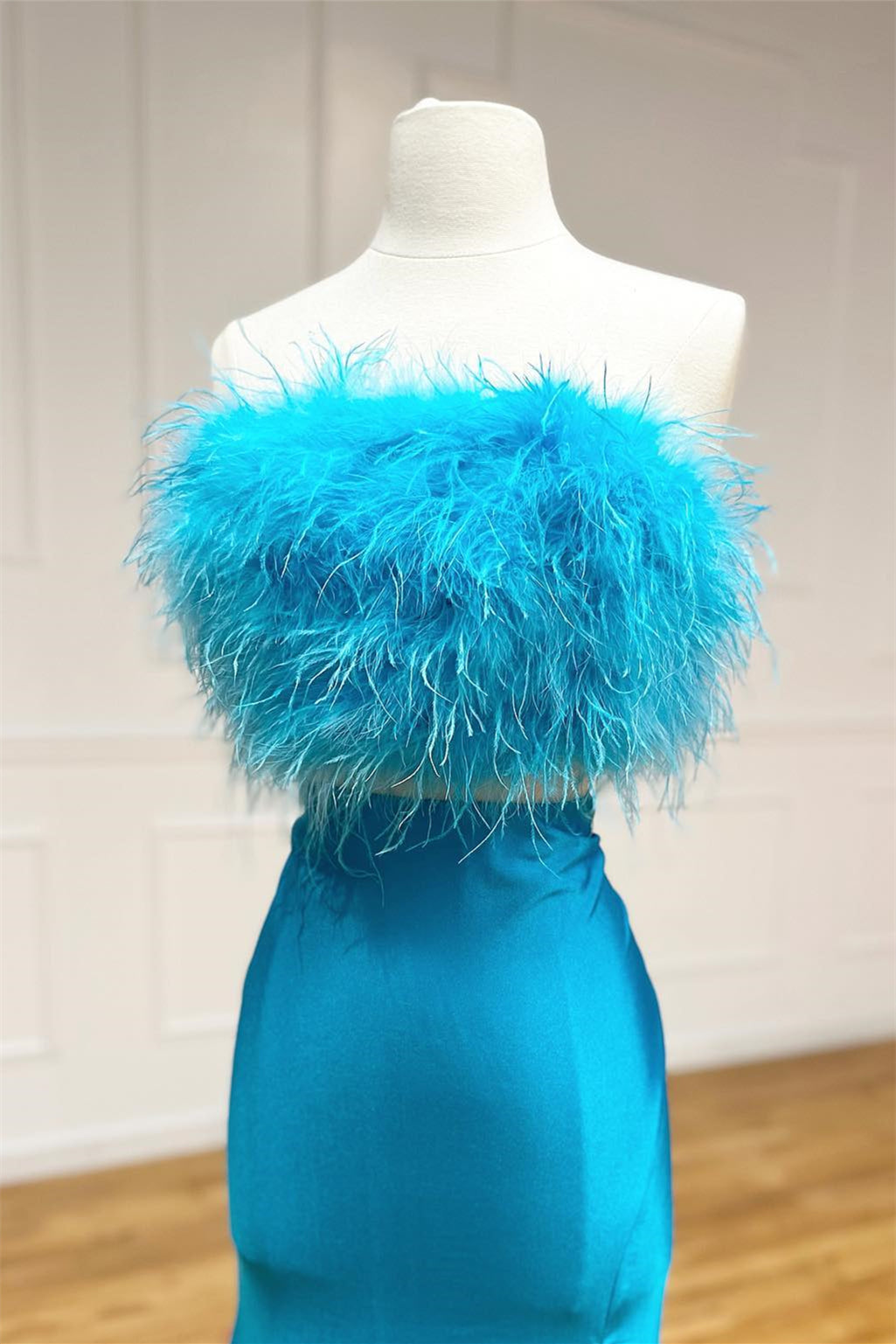 Vicki | Jade Two-Piece Feathers Strapless Satin Long Prom Dress with Slit - Prom Dress - DYAVOR®