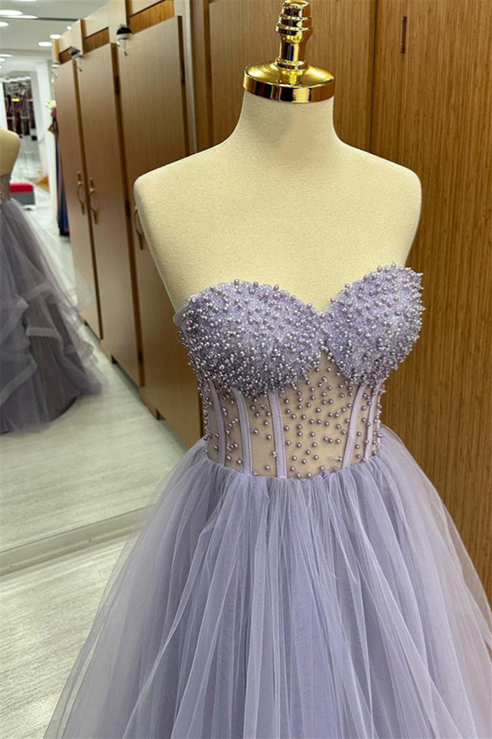 Brandy | Lilac Strapless Beaded Ruffle-Layers Tulle Long Prom Dress - Prom Dress - DYAVOR®