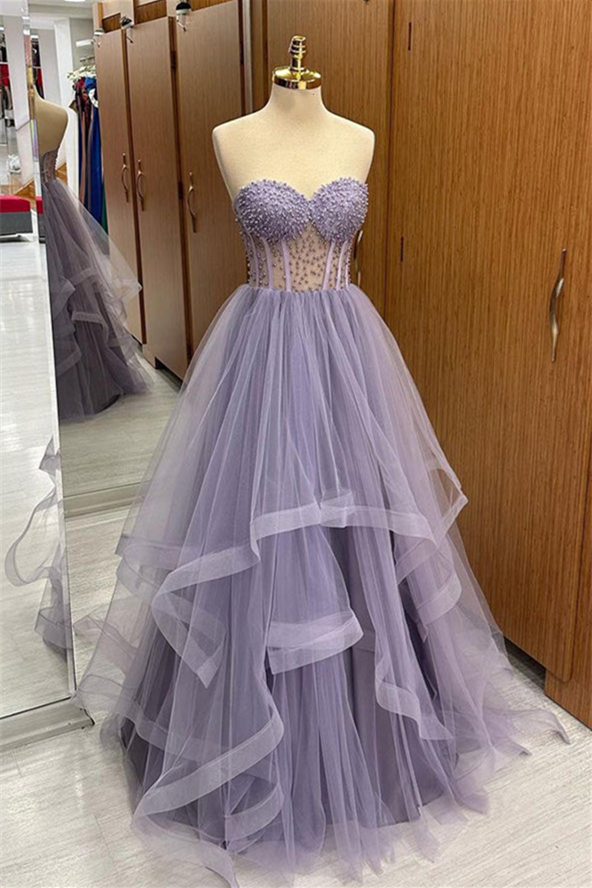 Brandy | Lilac Strapless Beaded Ruffle-Layers Tulle Long Prom Dress - Prom Dress - DYAVOR®