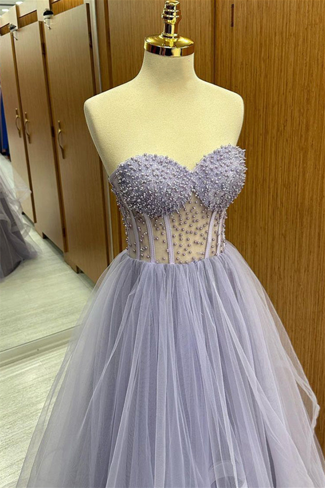 Brandy | Lilac Strapless Beaded Ruffle-Layers Tulle Long Prom Dress - Prom Dress - DYAVOR®