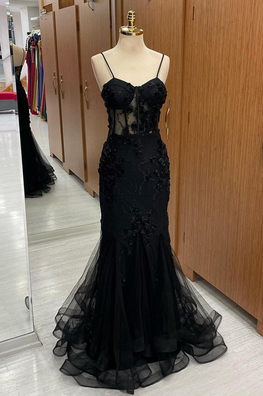 Aubrielle | Black Sweetheart Straps Mermaid Appliques Tulle Long Prom Dress - Prom Dress - DYAVOR®