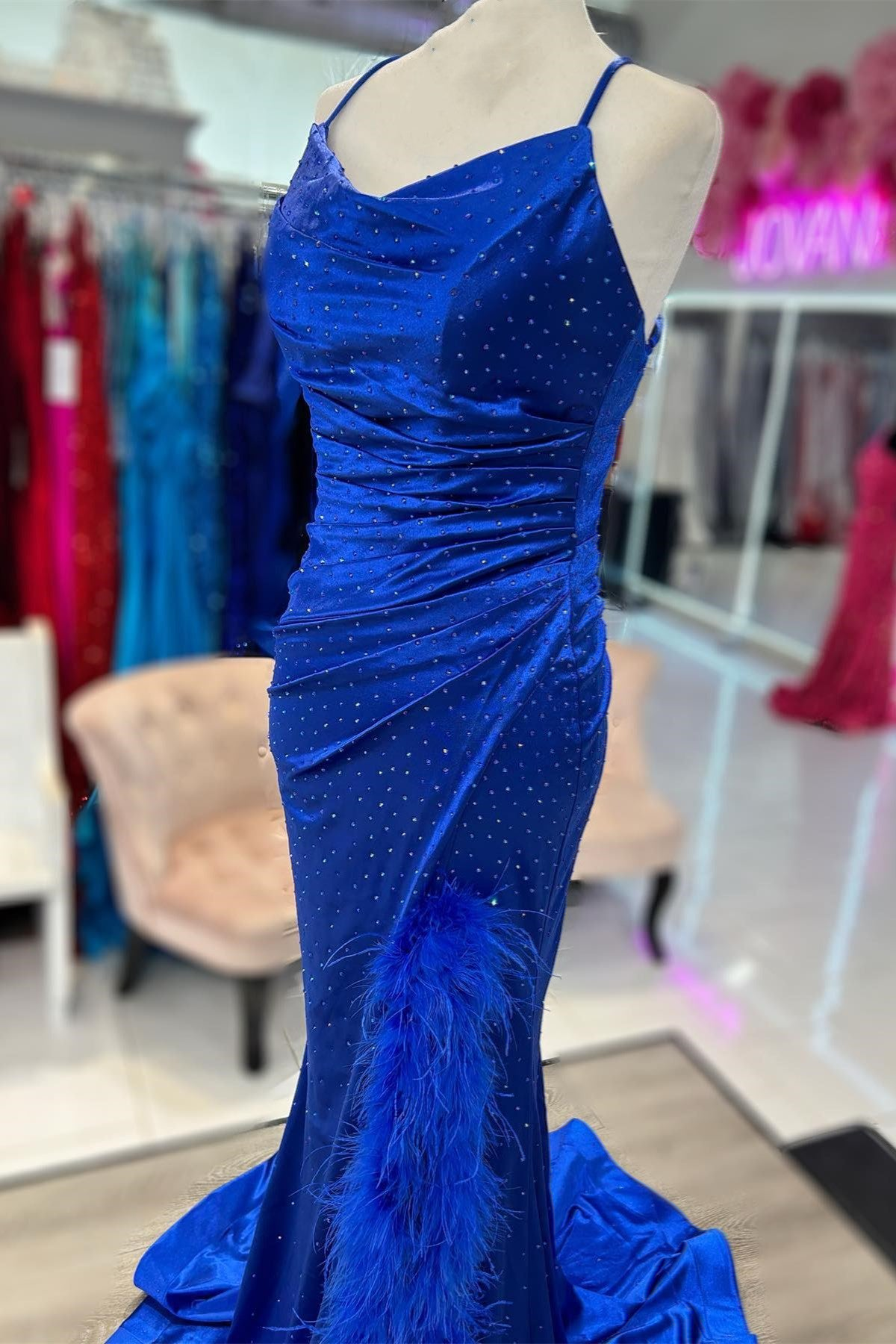 Vickie | Royal Blue Cowl Neck Rhinestones Long Prom Dress with Feather-Trimmed Slit - Prom Dress - DYAVOR®