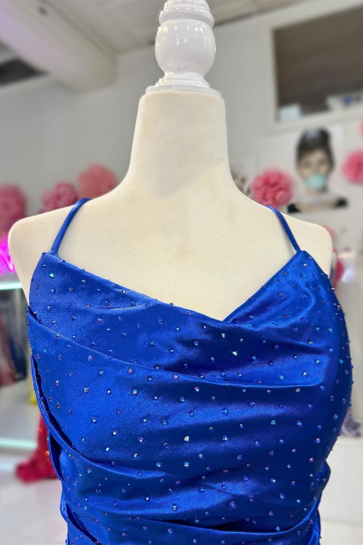 Vickie | Royal Blue Cowl Neck Rhinestones Long Prom Dress with Feather-Trimmed Slit - Prom Dress - DYAVOR®
