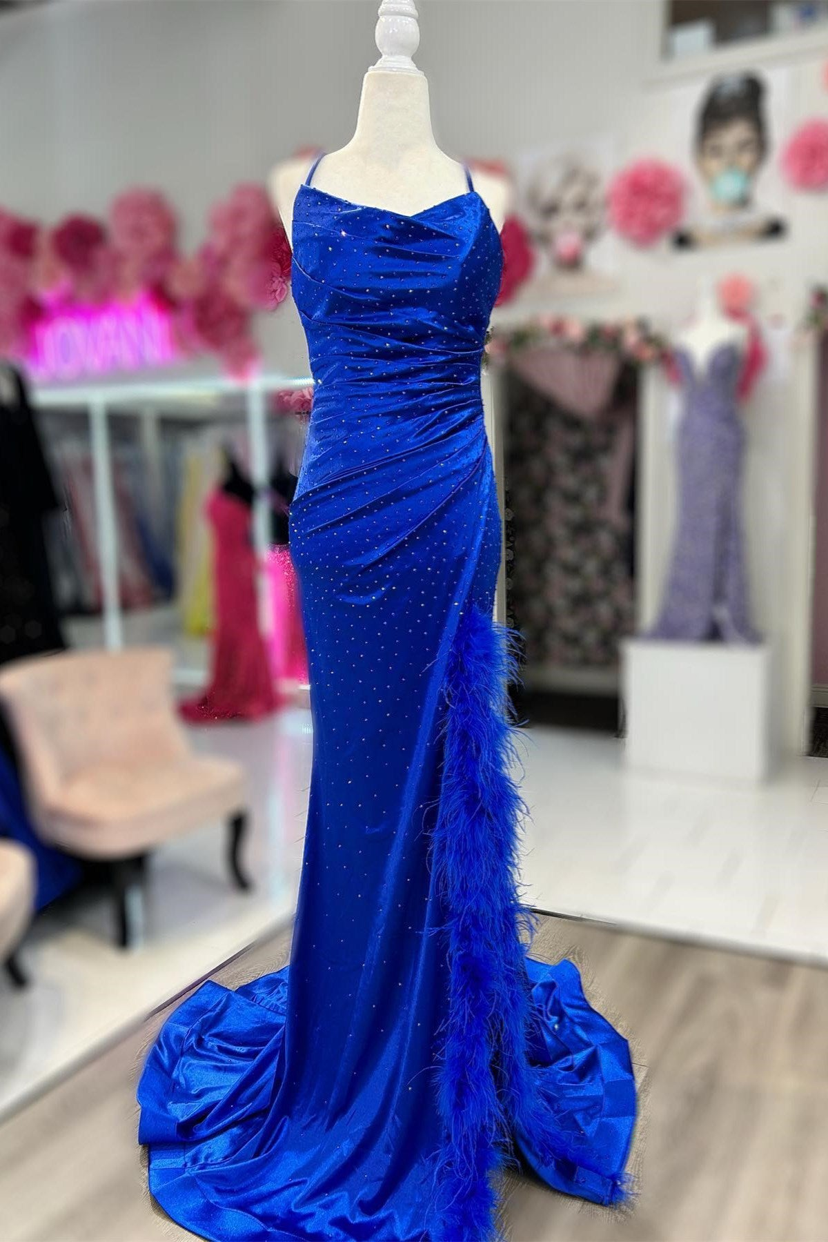 Vickie | Royal Blue Cowl Neck Rhinestones Long Prom Dress with Feather-Trimmed Slit - Prom Dress - DYAVOR®