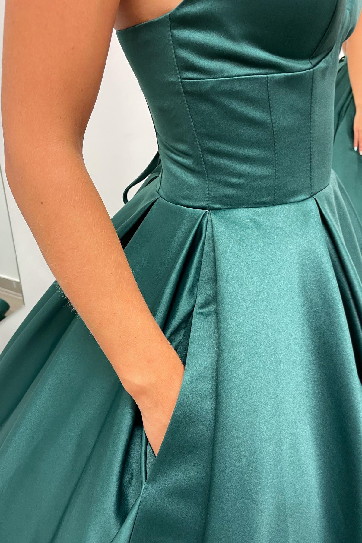 Nicole |A-line Hunter Green V-Neck Satin Long Prom Dress - Prom Dress - DYAVOR®