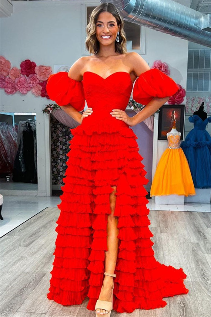 Wendy | Sweetheart Red Tiered Tulle Prom Dress with Balloon Sleeves - Prom Dress - DYAVOR®