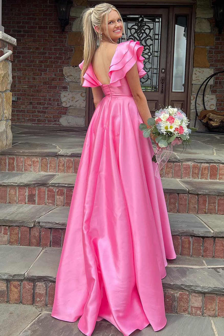 Betsy | Hot Pink V-Neck Ruffle A-Line Long Prom Dress - Prom Dress - DYAVOR®