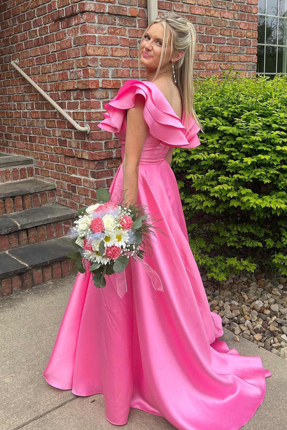 Betsy | Hot Pink V-Neck Ruffle A-Line Long Prom Dress - Prom Dress - DYAVOR®