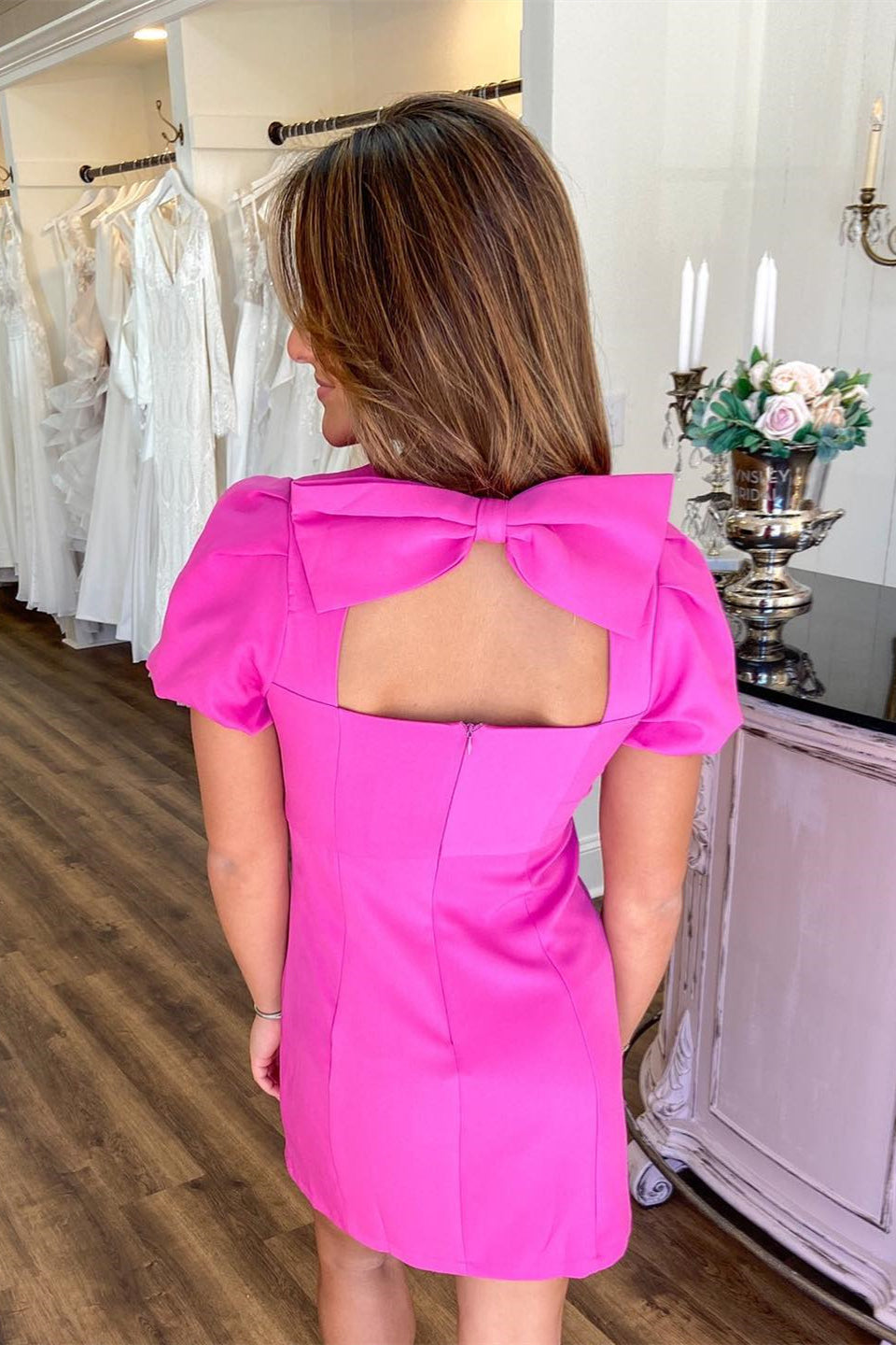 Carrie |Hot Pink Satin Sleeves Homecoming Dress with Bow - Homecoming Dress - DYAVOR®